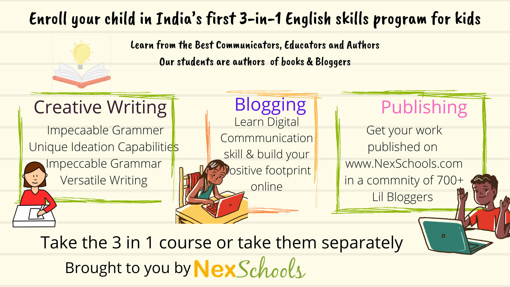 Creative writing classes, Creative writing course, Creative writing and blog writing course for children, How to be a Blogger for children, Writing classes, Improve your English, NexSchools Blog writing course for students of Middle School, primary school writing courses