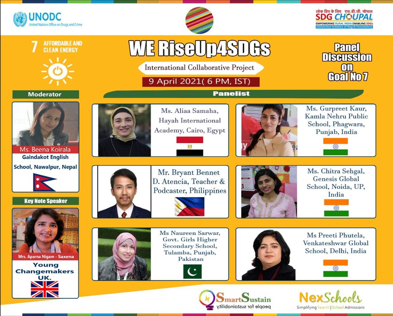 Panelsits for SDG7 discussion from school, SChool Teacher discussion panel from Egypt, Phillipines, Malaysia, India Brought to you for RiseUp4SDGs by NexSchools.com, Nes for education