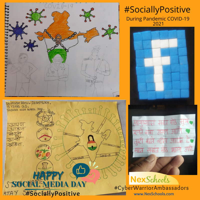 Social Medi Day NexSchools Awareness Day Campaign, COVID -19 #SociallyPositive Posters by student, Primary Middle School children, school ideas for cyber safety 